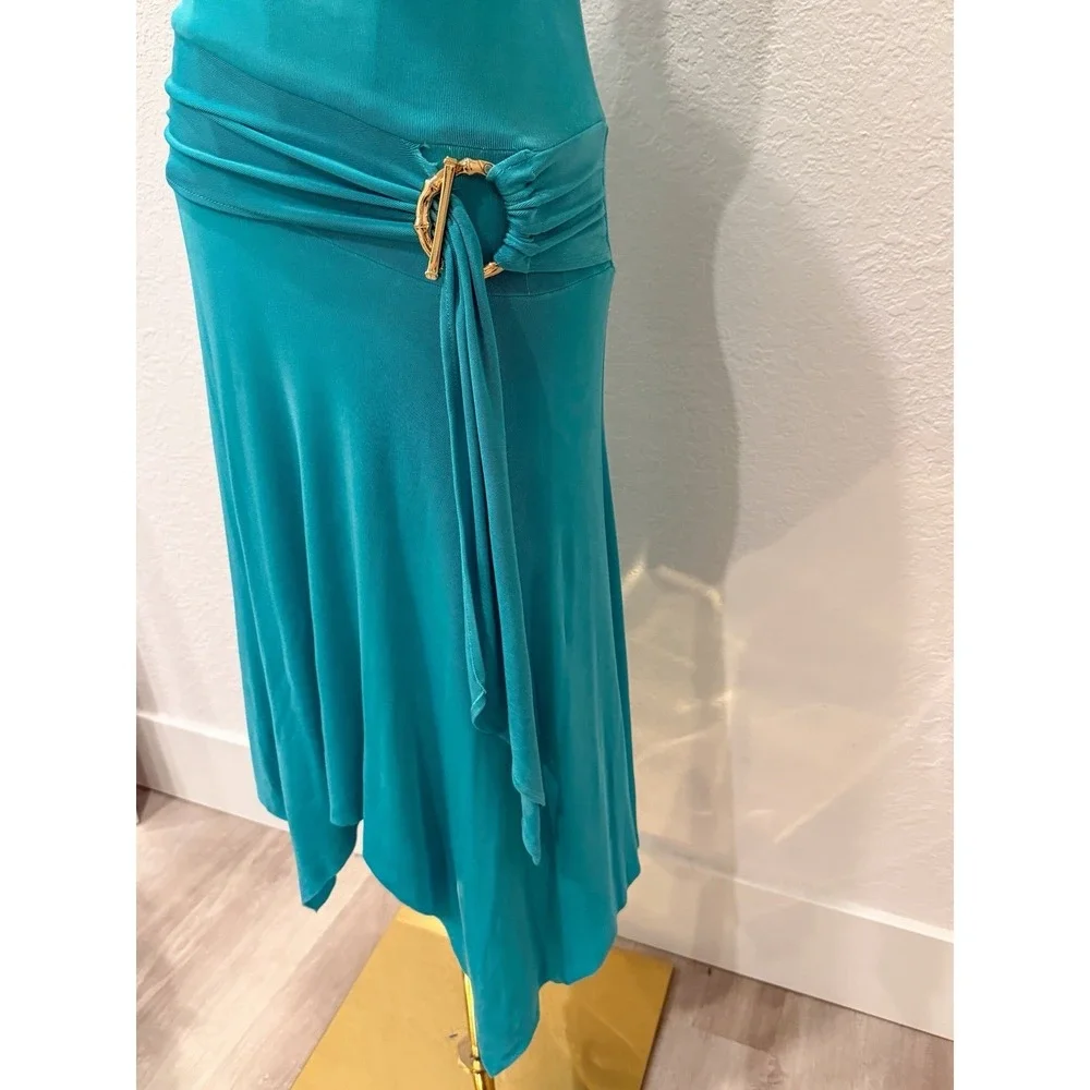 VTG Cacique Aqua Halter Dress XS Cowl Neck Gold Ring Detail Y2K Going Out 2000's - Picture 10 of 12